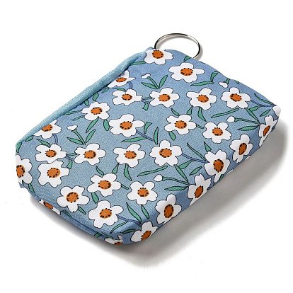 Flower Print Cotton Cloth Wallets with Alloy Zipper, Rectangle with Iron Ring
