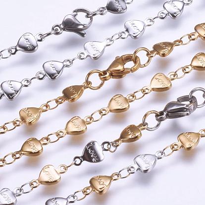 304 collares de cadena de acero inoxidable, con cierre de langosta, revestimiento de iones (ip), corazón con el amor, para el día de San Valentín