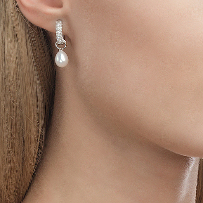 Boucles d'oreilles créoles en argent sterling plaqué rhodium avec micro pavé de zircones cubiques, boucles d'oreilles en perles naturelles, larme