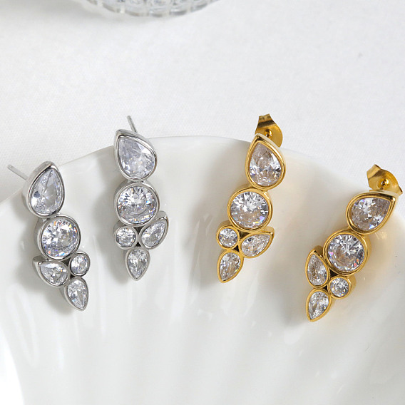 304 Серьги-гвоздики из нержавеющей стали с прозрачными кубическими циркониями, слеза