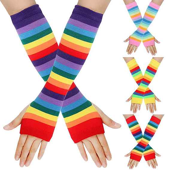 Gants sans doigts à tricoter en fil de fibre acrylique, gants chauds d'hiver élastiques longs à motif de bande arc-en-ciel avec trou pour le pouce