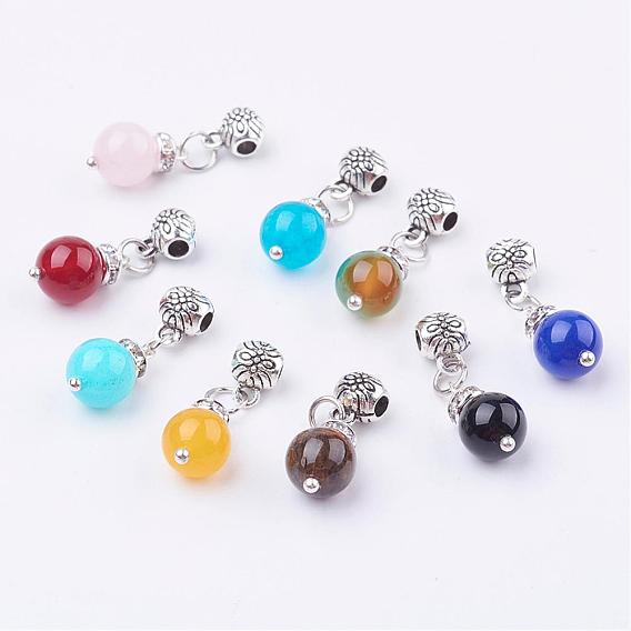 Gemstone Pendants, with Alloy Findings, Round, Antique Silver