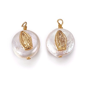 Pendentifs de perles d'eau douce de culture naturelle, avec les accessoires en laiton plaqués or, rond et plat avec vierge marie, blanc