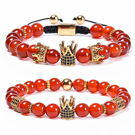 Natural Red Agate Crown Bracelet Set with Copper and Zircon Stone Beads - 8mm Handmade Jewelry