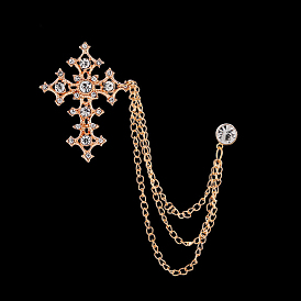 Religion Cross Hanging Chain Brooch with Rhinestone, Alloy Pin for Men's Suit Shirt Collar