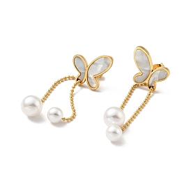 Synthetic White Shell Butterfly with Plastic Pearl Dangle Stud Earrings, Ion Plating(IP) 304 Stainless Steel Jewelry for Women