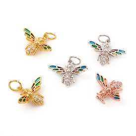Brass Micro Pave Cubic Zirconia Pendants, with Jump Rings and Enamel, Bees