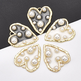 Epoxy Resin Pendants, with Alloy Findings and ABS Plastic Imitation Pearl, Heart, Light Gold