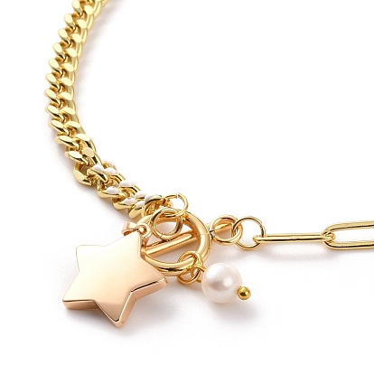Natural Shell Star Pendant Necklaces, with Natural Pearl Beads, Brass Enamel Curb Chains, Brass Paperclip Chains and 304 Stainless Steel Toggle Clasps, Creamy White