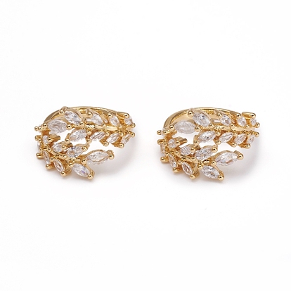 Adjustable Brass Micro Pave Clear Cubic Zirconia Cuff Rings, Open Rings, Long-Lasting Plated, Leaf