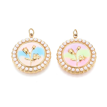 304 подвески из нержавеющей стали и эмалированного АБС-пластика с имитацией жемчуга, плоские круглые с цветком, с целью перехода в кольце, ионное покрытие (ip), реальный 18 k позолоченный