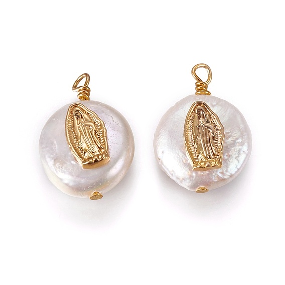 Natural Cultured Freshwater Pearl Pendants, with Golden Plated Brass Findings, Flat Round with Virgin Mary, White