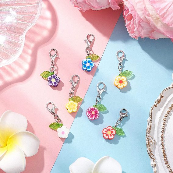 7шт. подвесные украшения из полимерной глины ручной работы, цветок, Сплав с застежками когтя омара