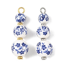 Colgantes de porcelana impresos a mano, Con hallazgos de latón y hierro, redondo con dijes de flores, color mezclado
