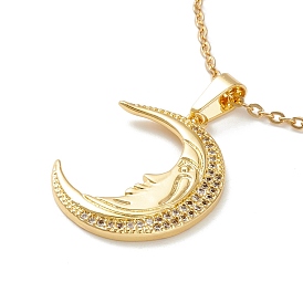 Clear Cubic Zirconia Moon Face Pendant Necklace, 304 Stainless Steel Jewelry for Women