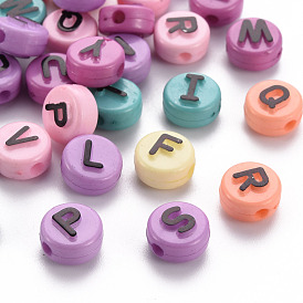 Opaque Mixed Color Acrylic Beads, Horizontal Hole, Flat Round with Black Random Letters