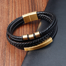 Black Braided Imitation Leather Multi-Strand Bracelets with 316L Stainless Steel Magnetic Clasps for Men