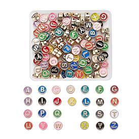 104 шт 26 цвета сплава эмалевые бусины, без кадмия, без никеля и без свинца, плоский круглый с начальными буквами, золотой свет