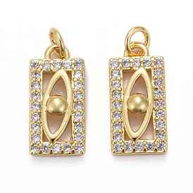 Brass Micro Pave Clear Cubic Zirconia Pendants, Long-Lasting Plated, Rectangle with Eye