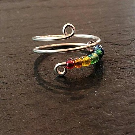 Colorful Glass Seed Beaded Cuff Ring, Brass Wire Wrap Ring for Women