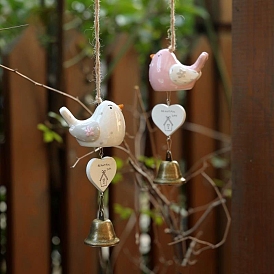 Керамические птицы, металлический колокольчик и деревянное сердце, подвесной декор с колокольчиками ветра, для домашних подвесных украшений