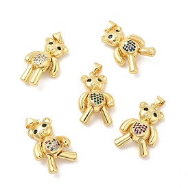 Brass Micro Pave Cubic Zirconia Pendants, Bear with Heart Charm, Mechanical Charm, Golden