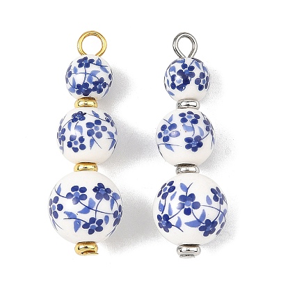 Colgantes de porcelana impresos a mano, Con hallazgos de latón y hierro, redondo con dijes de flores, color mezclado