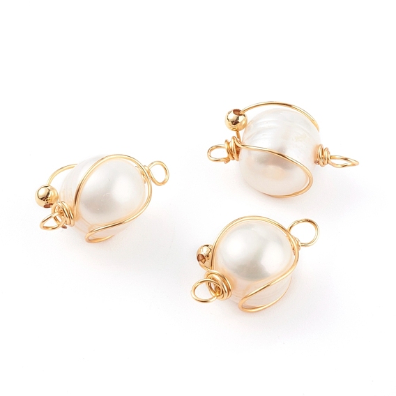 Natural Cultured Freshwater Pearl Pendants, with Brass Beads and Copper Wire, Round