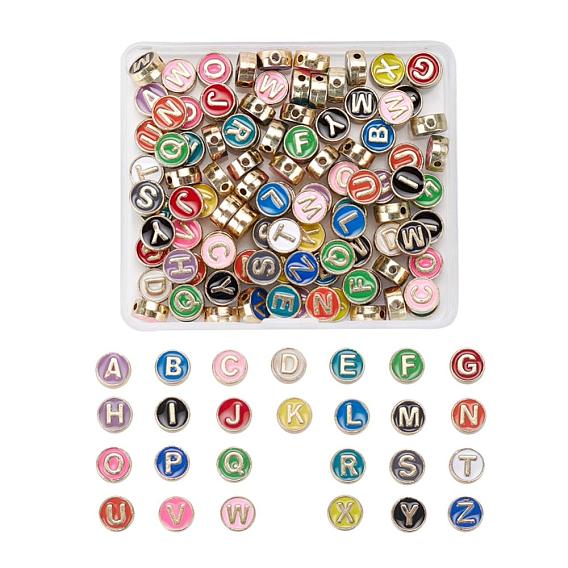 104pcs 26 perles d'émail en alliage de couleurs, sans cadmium et sans nickel et sans plomb, plat rond avec initiales, or et de lumière