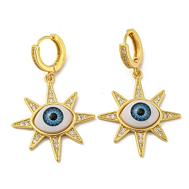 Sun with Eye Real 18K Gold Plated Brass Dangle Hoop Earrings, with Cubic Zirconia and Acrylic