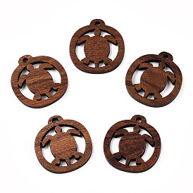 Natural Walnut Wood Pendants, Undyed, Flat Round Charms with Sea Turtle
