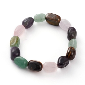 Natural Green Aventurine & Rose Quartz & Amethyst & Tiger Eye Beads Stretch Bracelets, Nuggets