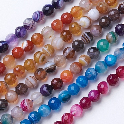 Natural Striped Agate/Banded Agate Beads Strands, Dyed & Heated, Faceted, Grade A, Round