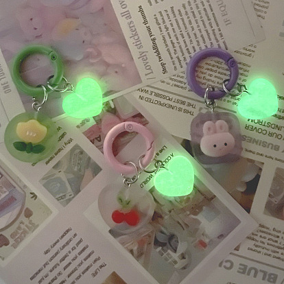 Luminous Resin Keychain, with Iron Key Rings, Glow In The Dark, Heart & Heart with Cherry