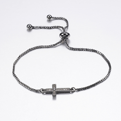 Adjustable Brass Bolo Bracelets, Slider Bracelets, with Cubic Zirconia and Box Chains, Cross