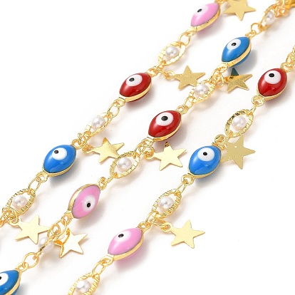 Colorful Enamel Evil Eyes & Imitation Pearl Beaded Horse Eye Link Chains, with Brass Star Charms, Soldered, with Spool