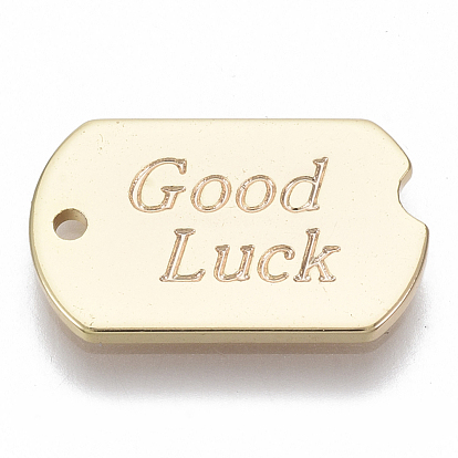 Brass Charms, Nickel Free, Rounded Rectangle with Word Good Luck