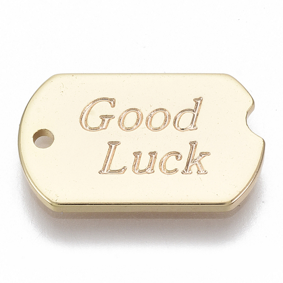Brass Charms, Nickel Free, Rounded Rectangle with Word Good Luck