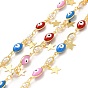 Colorful Enamel Evil Eyes & Imitation Pearl Beaded Horse Eye Link Chains, with Brass Star Charms, Soldered, with Spool