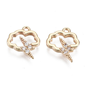 Brass Micro Pave Clear Cubic Zirconia Charms, Nickel Free, Lightning with Cloud