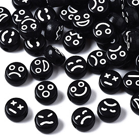Opaque Black Acrylic Beads, Flat Round with Mixed Expression