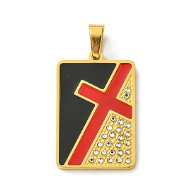 Ion Plating(IP) 304 Stainless Steel Pendants, with Enamel and Rhinestone, Real 18K Gold Plated, Rectangle with Cross Charm