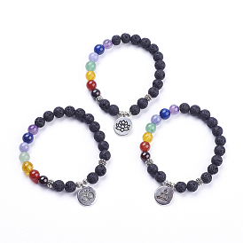 Chakra naturales pulseras de piedra mixta encanto, con la conclusión de aleación, Embalaje de arpillera bolsas, bolsos de lazo, plano y redondo, plata antigua