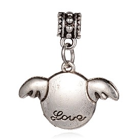 Tibetan Style Large Hole Alloy European Dangle Charms, Flat Round with Wing, 30mm, Hole: 4.8mm