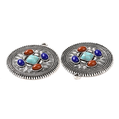 Synthetic Turquoise Dyed Pendants, Flat Round Charms, with Alloy Findings