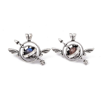 Natural Gemstone Pendants, Ball with Arrow Charms, with Antique Silver Color Brass Findings