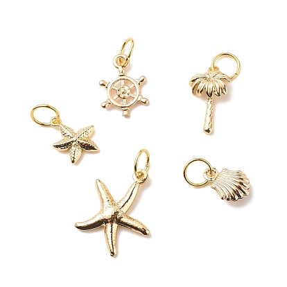 Brass Pendants, with 304 Stainless Steel Jump Rings, Shell & Starfish & Coconut Tree & Helm