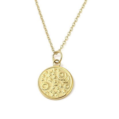 Ion Plating(IP) 304 Stainless Steel Pendant Necklaces for Women, Flat Round
