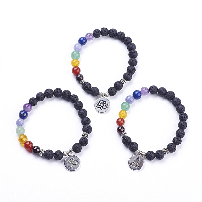 Chakra naturales pulseras de piedra mixta encanto, con la conclusión de aleación, Embalaje de arpillera bolsas, bolsos de lazo, plano y redondo, plata antigua