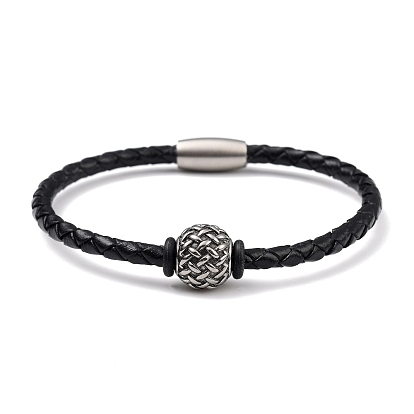 Leather Jewelry Cord, with 316 Surgical Stainless Steel European Beads,with Magnetic Clasps, Antique Silver